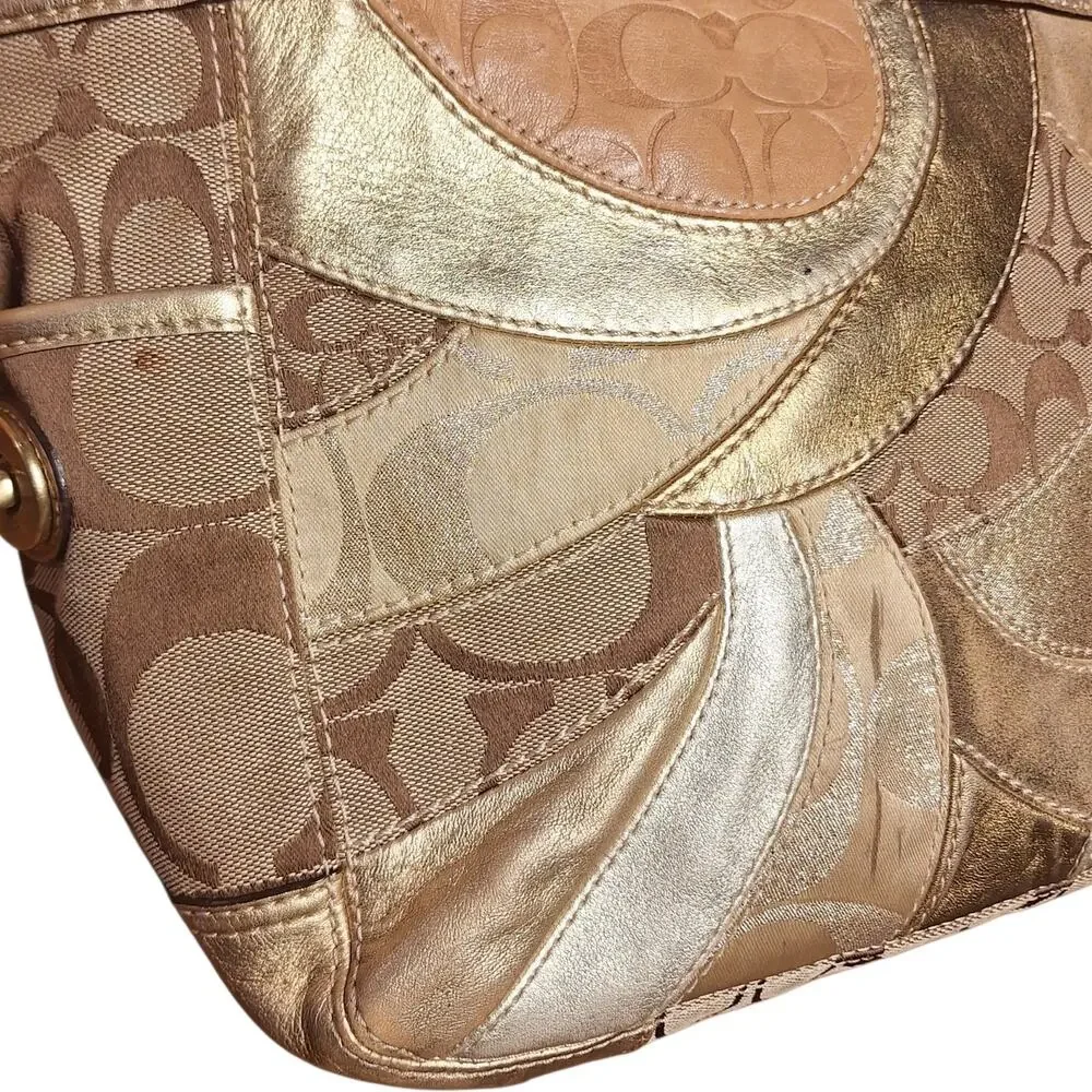 Coach Y2K Vintage Gold Metallic Mosaic Patchwork Signature Tote gold leather